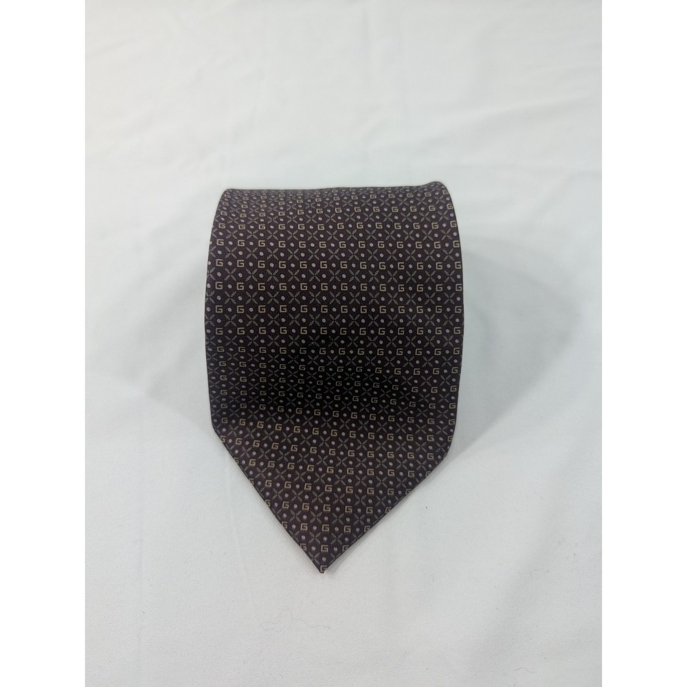 GUCCI Necktie Tie Brown All over GG‎ Logo pattern 100% Silk Men's Made in Italy